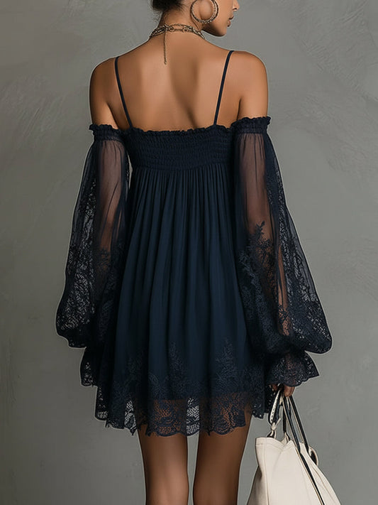 NOE - Minivestido de gasa azul marino y mangas transparentes