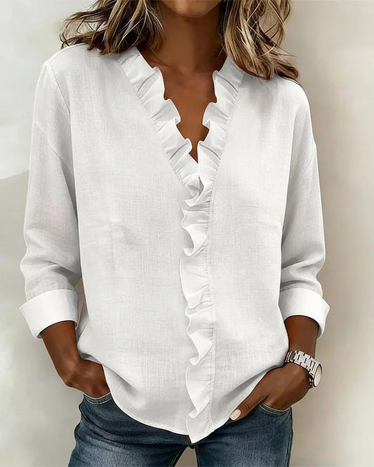 Irene | Blusa sofisticada con volantes, escote en V y mangas largas