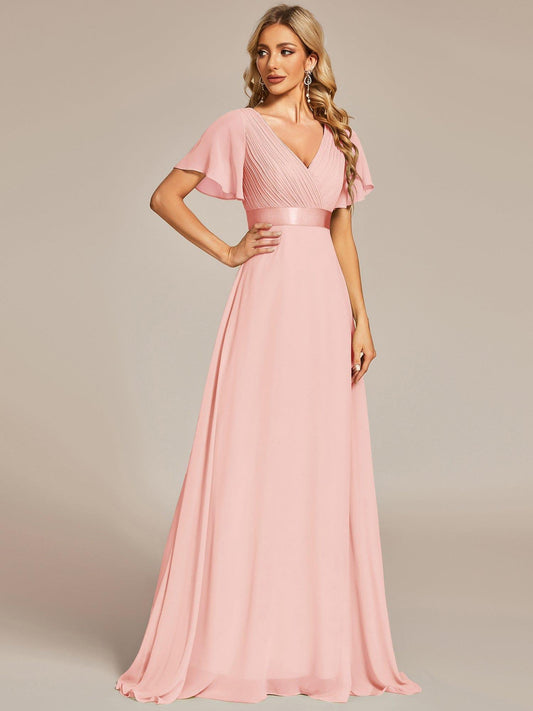 Marga | Vestido de dama de honor largo con corte imperio y mangas cortas con volantes