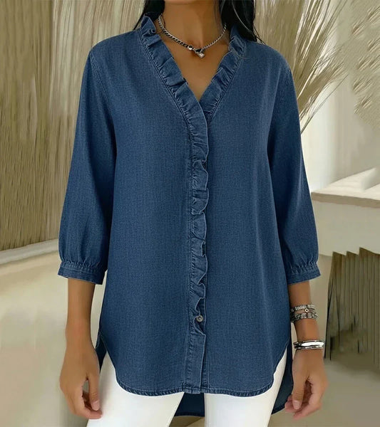 Lucía | Blusa denim fluida con escote en V, elegante y versátil