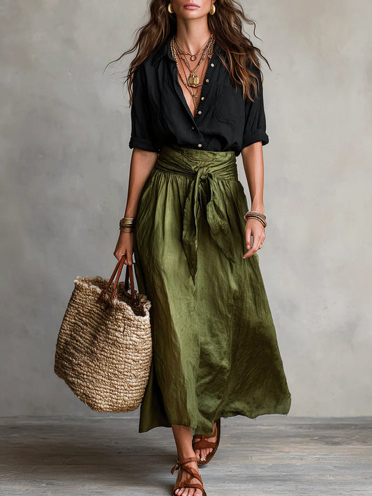 Aitana | Elegante conjunto de dos piezas: blusa negra y falda midi verde oliva para mujer