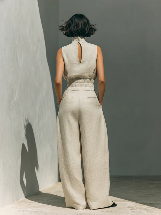 Aurora | Conjunto de dos piezas beige en algodón-lino, con pantalón de pierna ancha