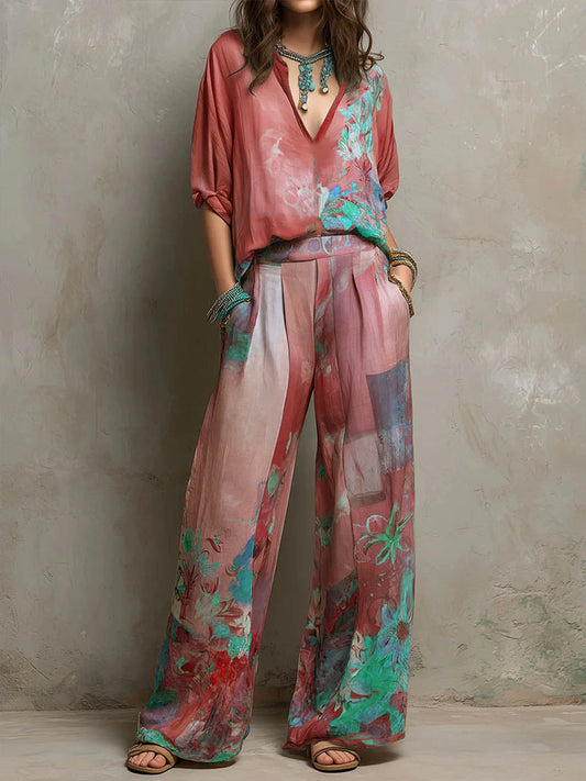 Alba | Conjunto estampado de caída fluida y pantalón ancho